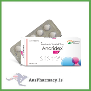 An educational photograph of Healing Pharmacy Arimidex (Anastrozole) Tablets, used for academic and training purposes in pharmacology and oncology courses to understand the mechanism of aromatase inhibitors and hormone-regulating medications.