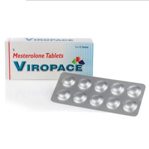 An educational photograph of Viropace Proviron 25mg tablets with molecular diagram of mesterolone, illustrating its academic use in androgen receptor mechanism studies.