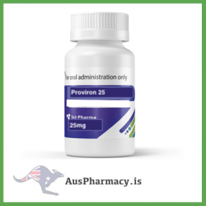 Educational depiction of Sci-Pharma Proviron 25 mg tablets, highlighting their role in teaching androgen receptor interaction, hormone regulation, and biochemical structure in pharmacological science.