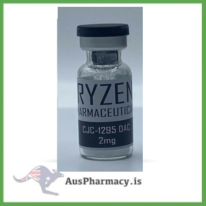 Educational visualization of Ryzen Pharmaceuticals CJC-1295 (DAC) vial with a molecular representation of peptide hormone activity for academic study.