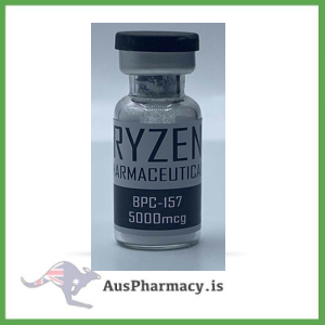 Educational image showing Ryzen Pharmaceuticals BPC-157 vial beside a conceptual molecular structure, illustrating peptide science and academic study.