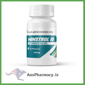 Educational image depicting Sci-Pharma Winstrol 10mg tablets alongside a conceptual molecular diagram illustrating Stanozolol’s chemical structure and endocrine interactions for academic study.