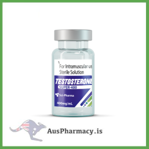 Educational image displaying Sci-Pharma Super Test 400 mg/ml with molecular diagrams of testosterone esters, illustrating the chemical principles of multi-ester hormone formulation for research and academic teaching.
