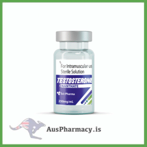Educational image showing a Sci-Pharma Testosterone Enanthate vial beside a molecular diagram of testosterone esterification, designed for endocrine and pharmacology study.